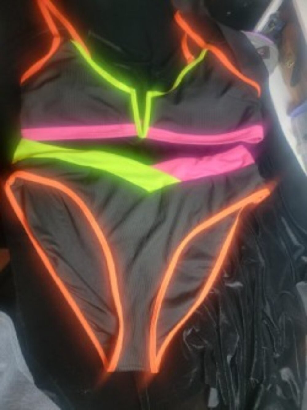 Popvil women’s two-piece bikini in size XXL. Black ribbed fabric with neon pink,